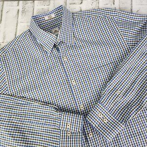 Peter Millar Classic Fit Men's Medium Blue Brown Plaid Button Long Sleeve Shirt